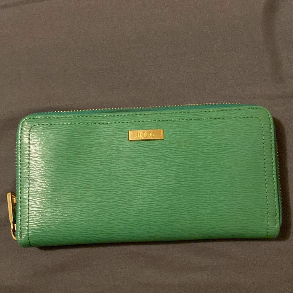 Lauren Ralph Lauren Authentic Cowhide Leather Wallet. Green with gold accents.